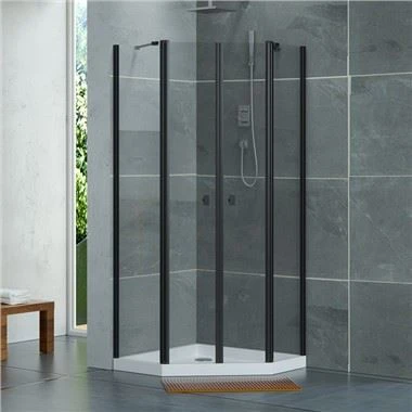 Cabine de douche noire moderne à deux portes pivotantes avec verre trempé